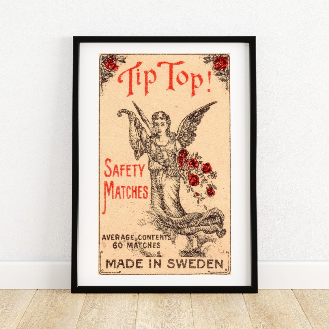 Tip Top Safety Matches Angel Vintage Swedish Angel Roses Label Poster