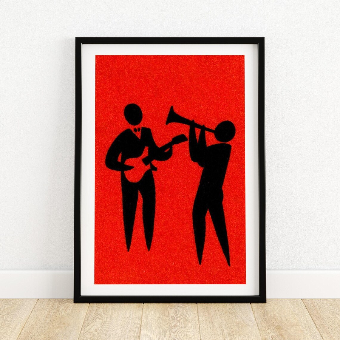 Jazz Musicians Red Silhouette Guitar Trumpet Vintage Music Art Poster