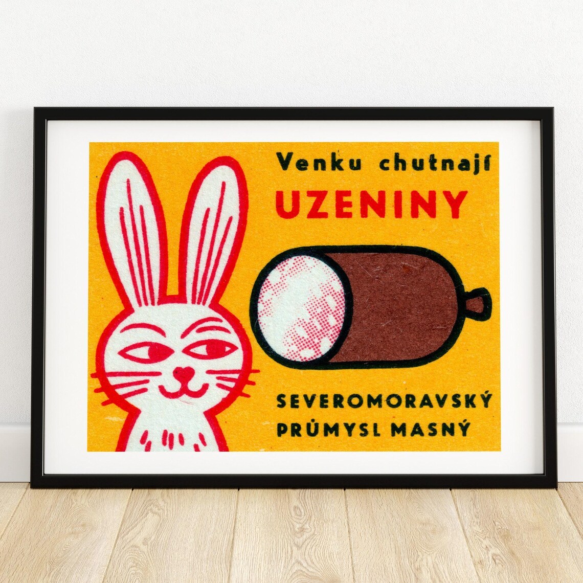 Rabbit Looking At Sausage Vintage Czech Poster Print