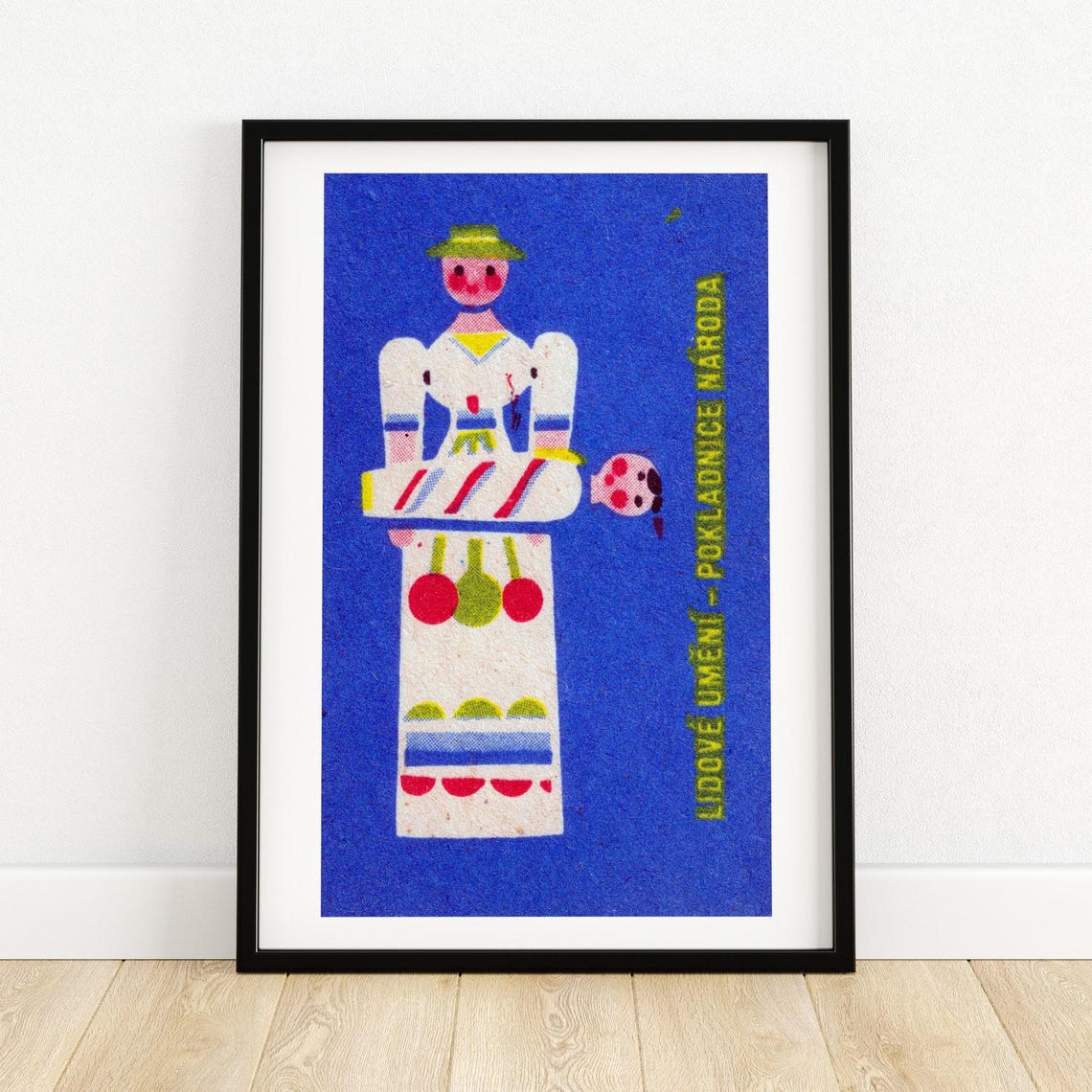 Czech Folk Mother And Child Matchbox Art Blue Vintage Poster