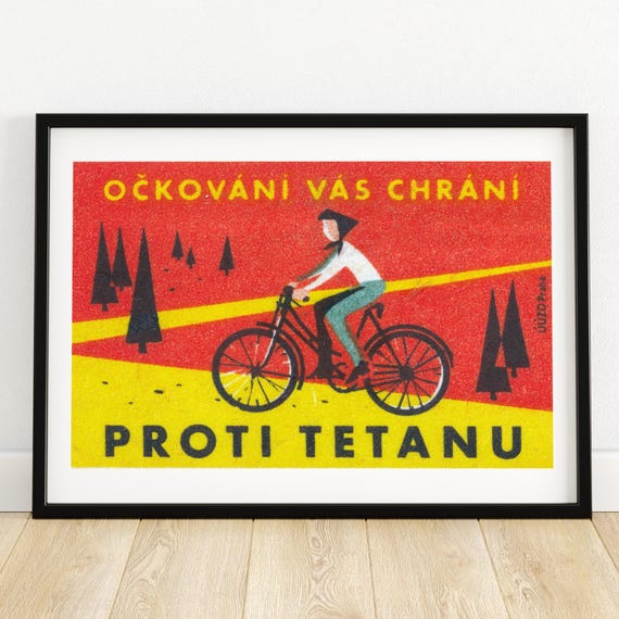 Woman Cycling Through Countryside Matchbox Print Czech Wall Art Vintage Czech Art Matchbox Wall Poster Vintage Poster Print
