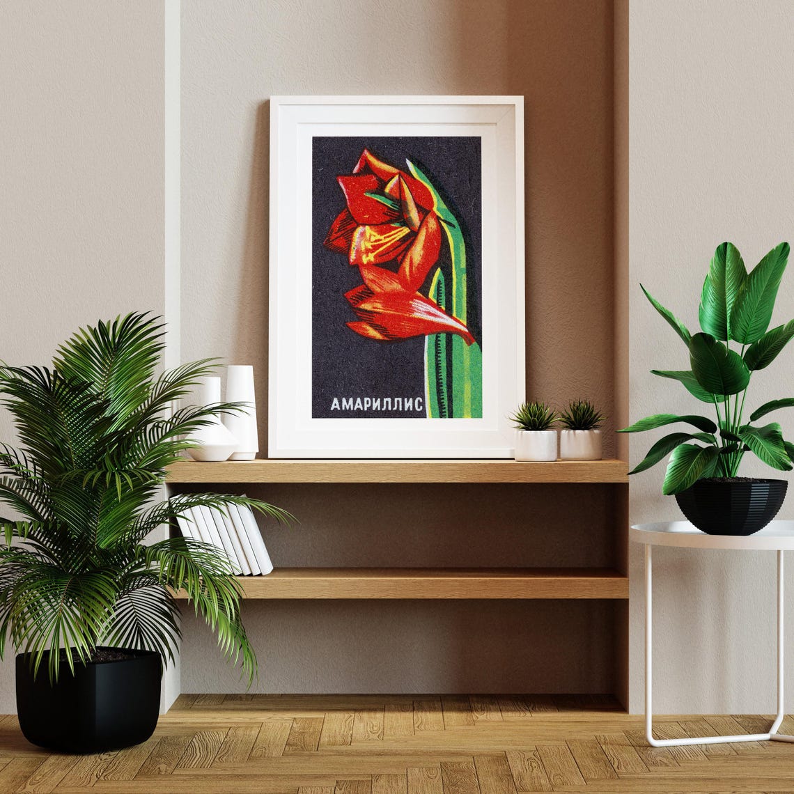 Red Amaryllis Flower Vintage Soviet Botanical Matchbox Poster - Image 2