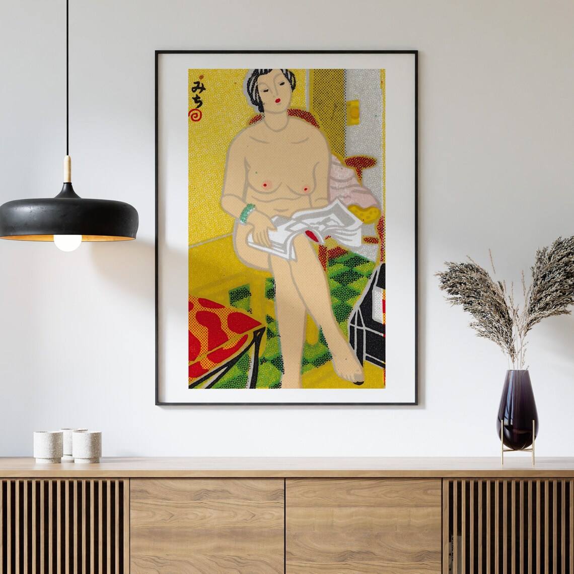 Japanese Woodblock Nude Woman Reading Newspaper Yellow Room Art Poster - Image 4