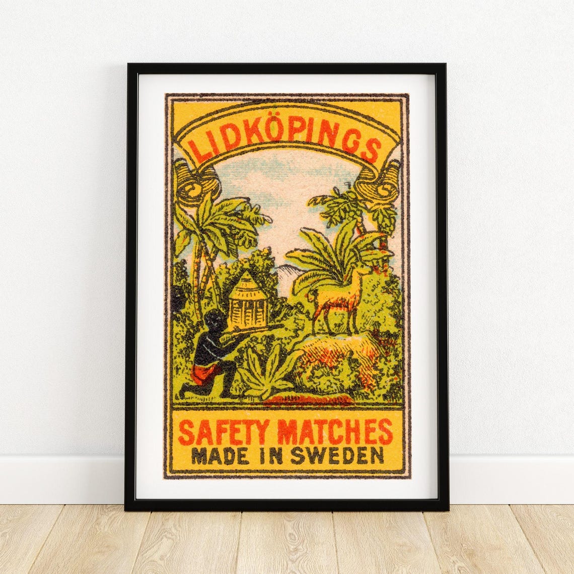 Lidkopings Tropical Jungle Hunter Bow Swedish Matchbox Label Poster