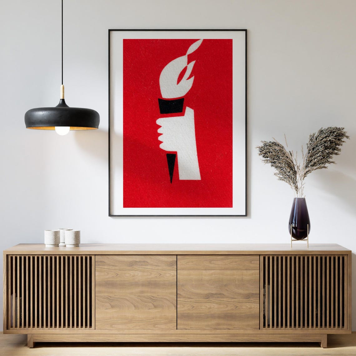 Hand Holding Torch on Red Vintage Matchbox Graphic Art Poster - Image 4