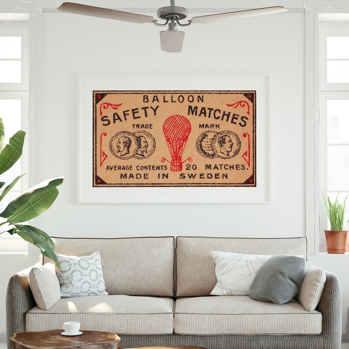 Red Hot Air Balloon Vintage Swedish Matchbox Label Art Poster - Image 3