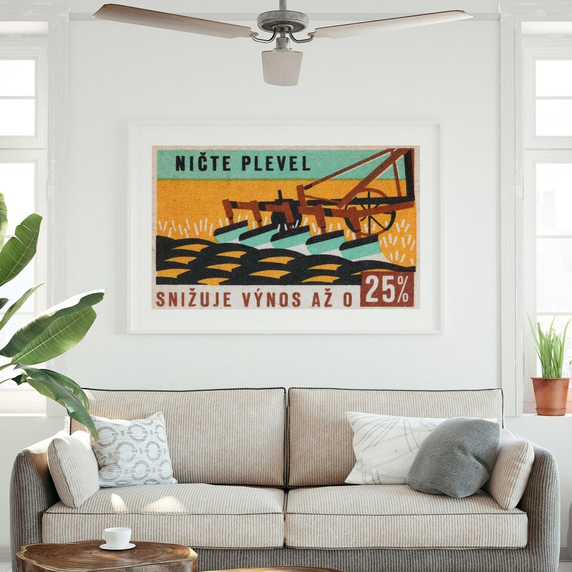 Destroy Weeds Bold Plow Orange Field Vintage Czech Farm Message Poster - Image 3
