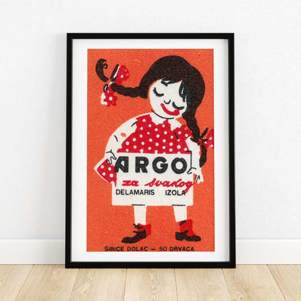 Argo Girl Red Polka Dot Dress Vintage Yugoslav Matchbox Poster