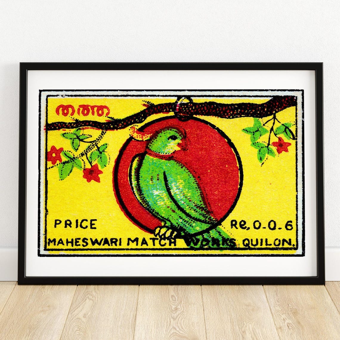 Green Parrot Indian Matchbox Label Vintage Quilon Art Poster