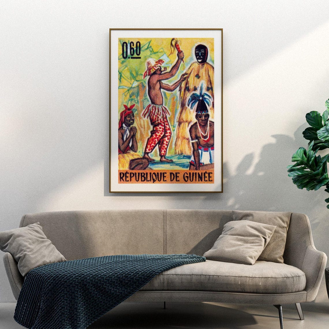 Guinea Tribal Ceremony Masked Dancer Vintage African Stamp Art Poster - Image 3