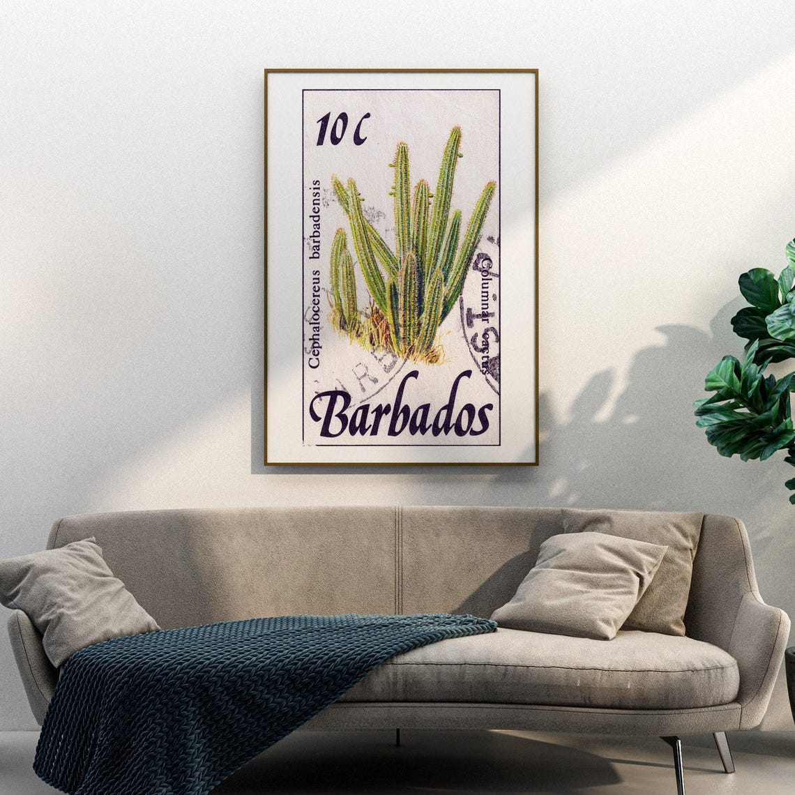 Barbados Columnar Cactus Vintage Postage Stamp Botanical Art Poster - Image 3