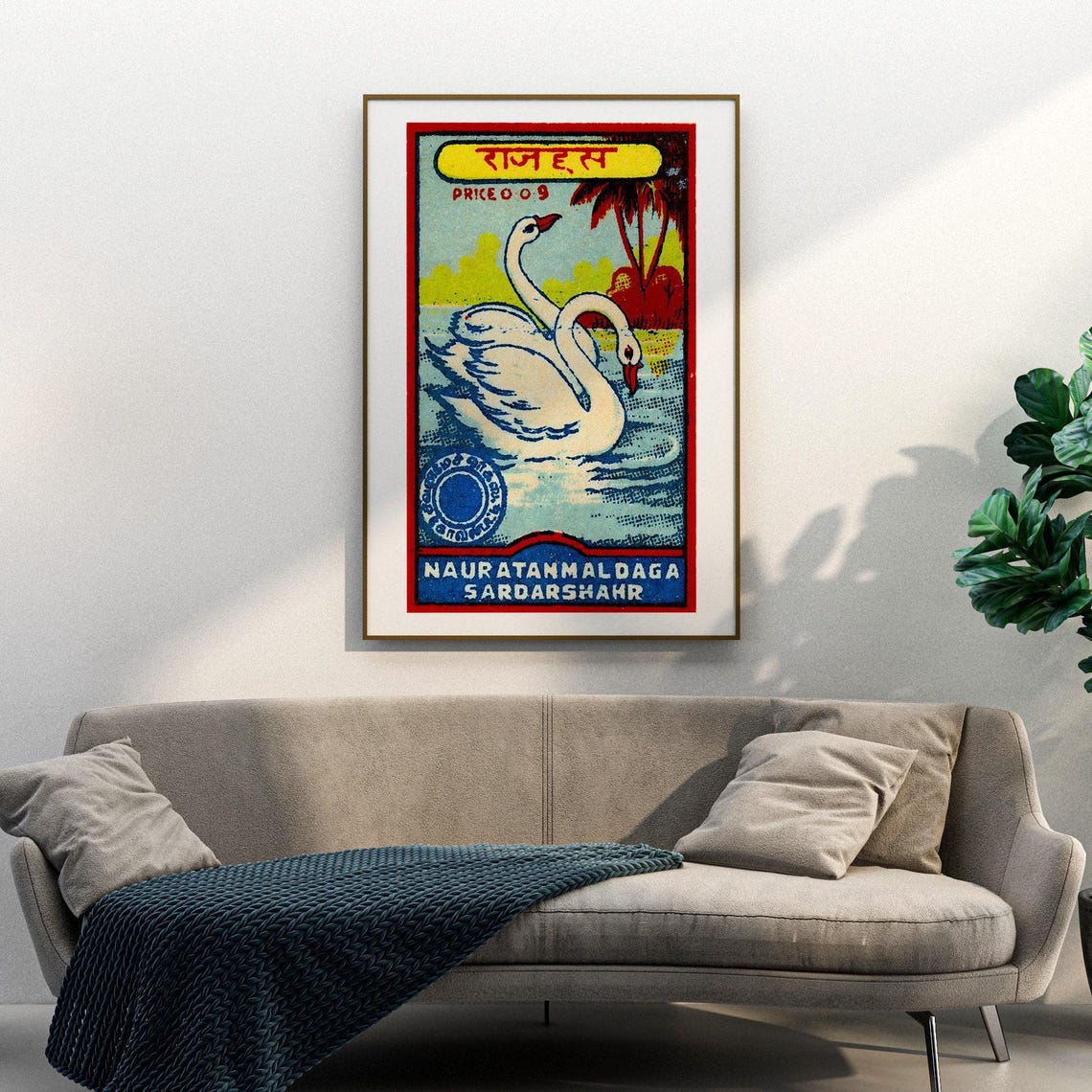 Two White Swans Indian Matchbox Label Rajhans Vintage Poster - Image 3