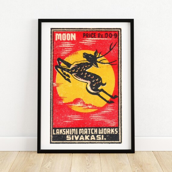 Moon Indian Matchbox Label Leaping Stag Yellow Moon Vintage Art Poster