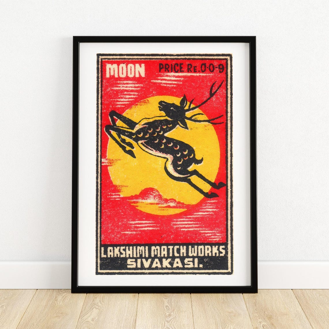 Moon Indian Matchbox Label Leaping Stag Yellow Moon Vintage Art Poster