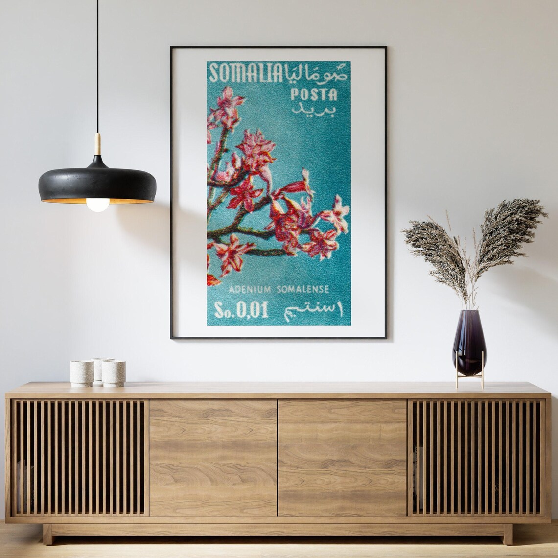 Somalia Stamp Adenium Somalense Pink Flowers Teal Vintage Art Poster - Image 4