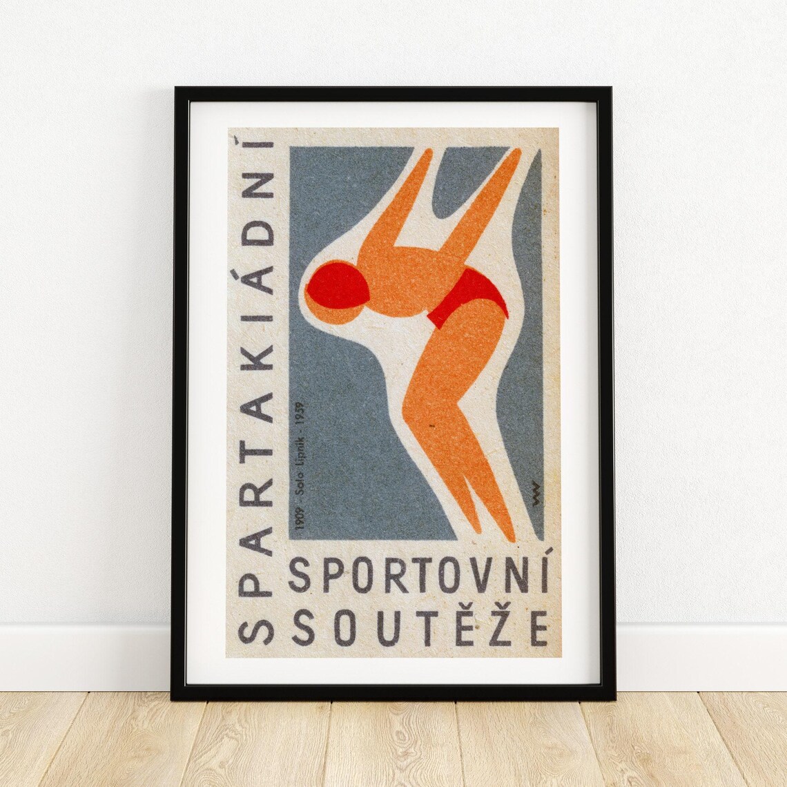 Swimmer Diving Into Water Vintage Czech Art Poster