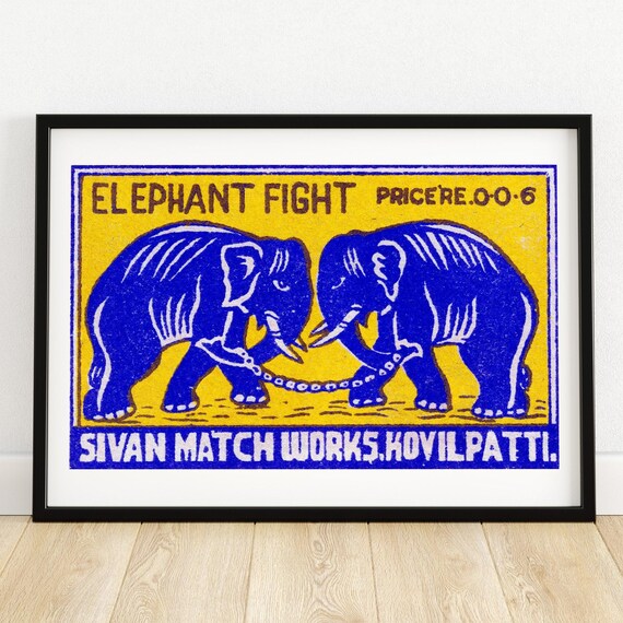 Elephant Fight Blue Indian Safety Matches Vintage Label Art Poster