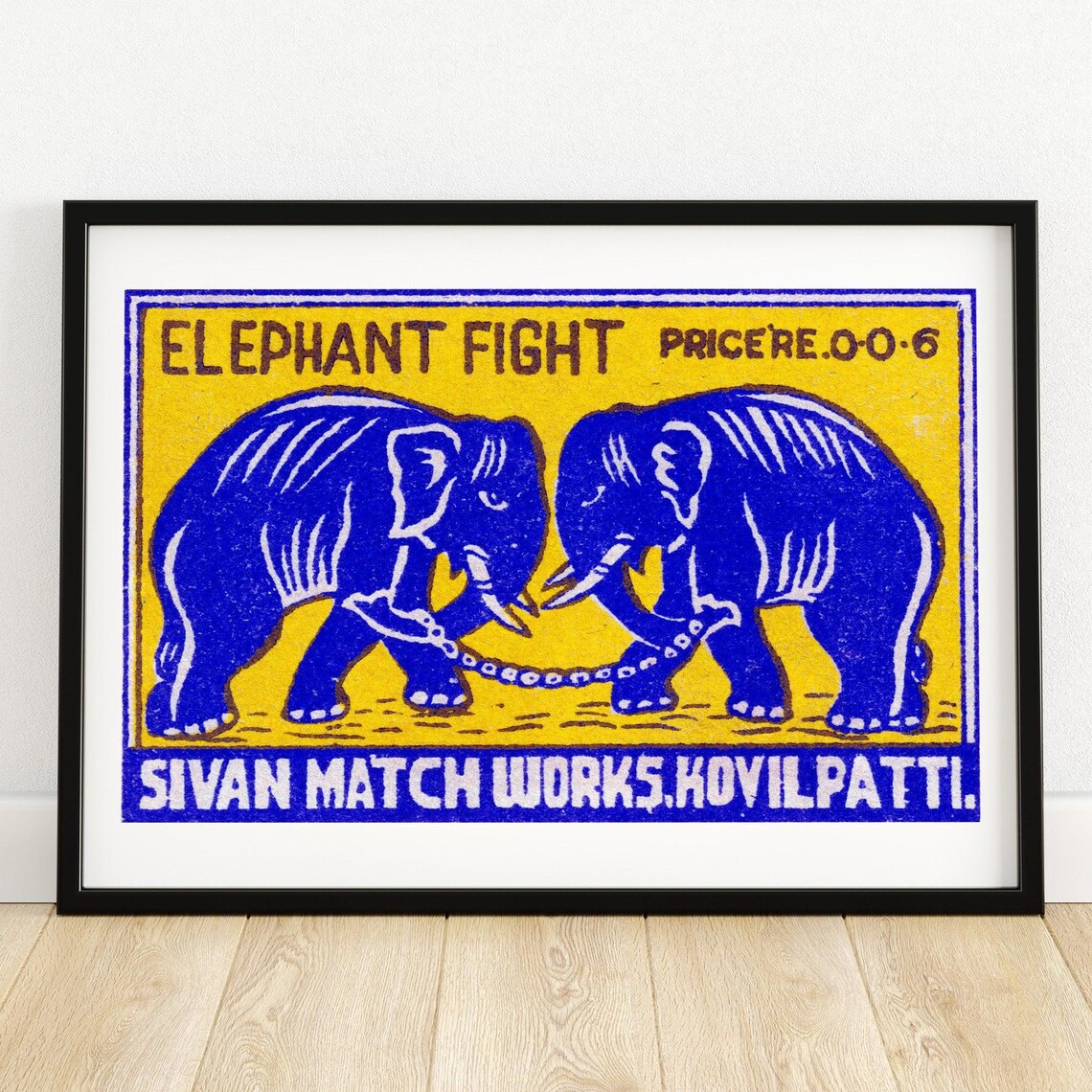 Elephant Fight Blue Indian Safety Matches Vintage Label Art Poster