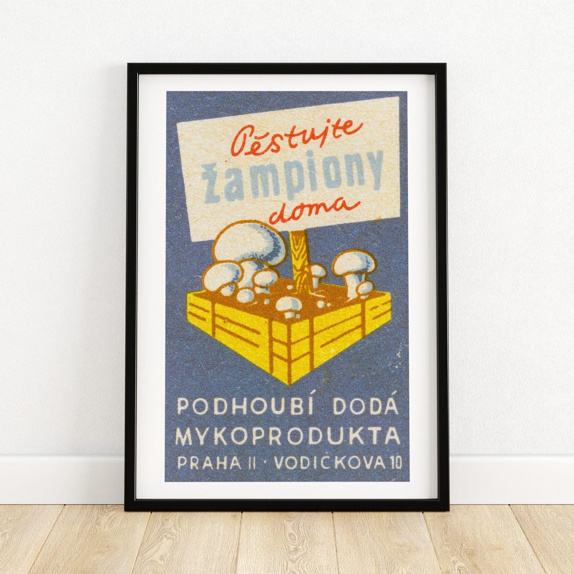 Pestujte Zampiony Doma Mushroom Growing Matchbox Label Poster