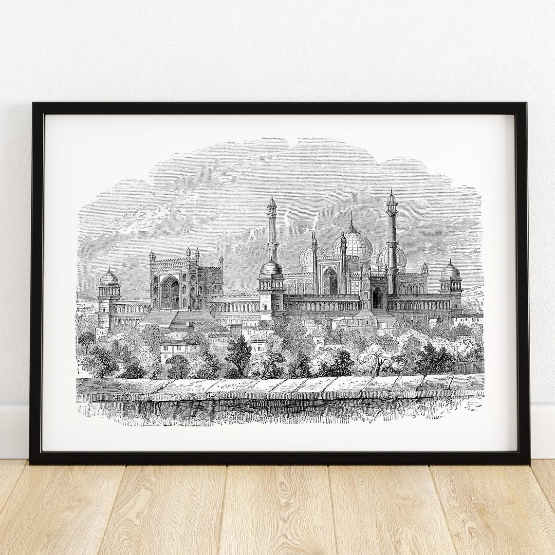 Delhi Grand Mosque Antique Engraving Style Indian Art Poster