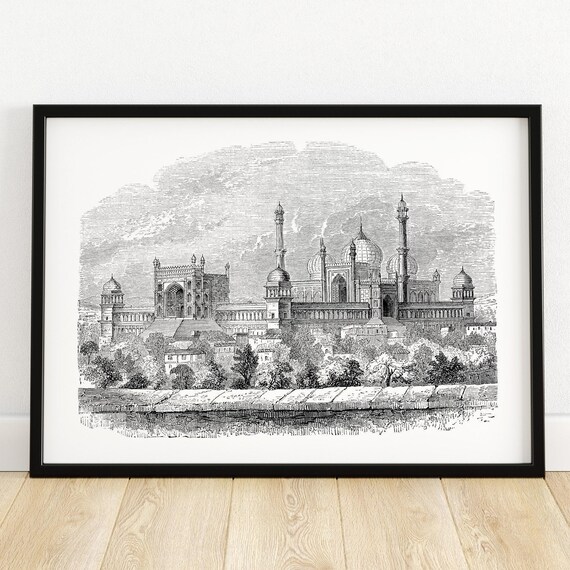 Grand Mosque At Delhi India Architectural Illustration Historical Wall Art Unique Home Decor