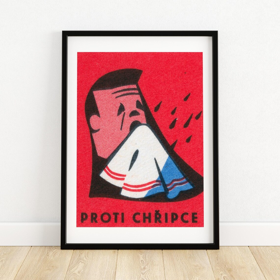 Vintage Proti Chripce Flu Health Cartoon Red Matchbox Art Poster