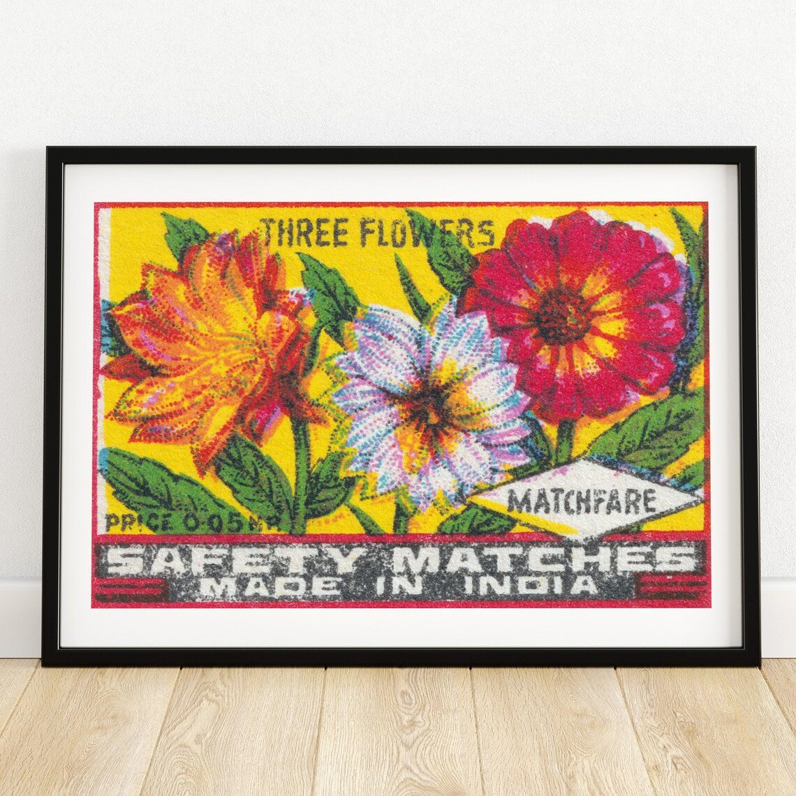 Three Flowers Indian Safety Matches Vintage Floral Label Wall Art
