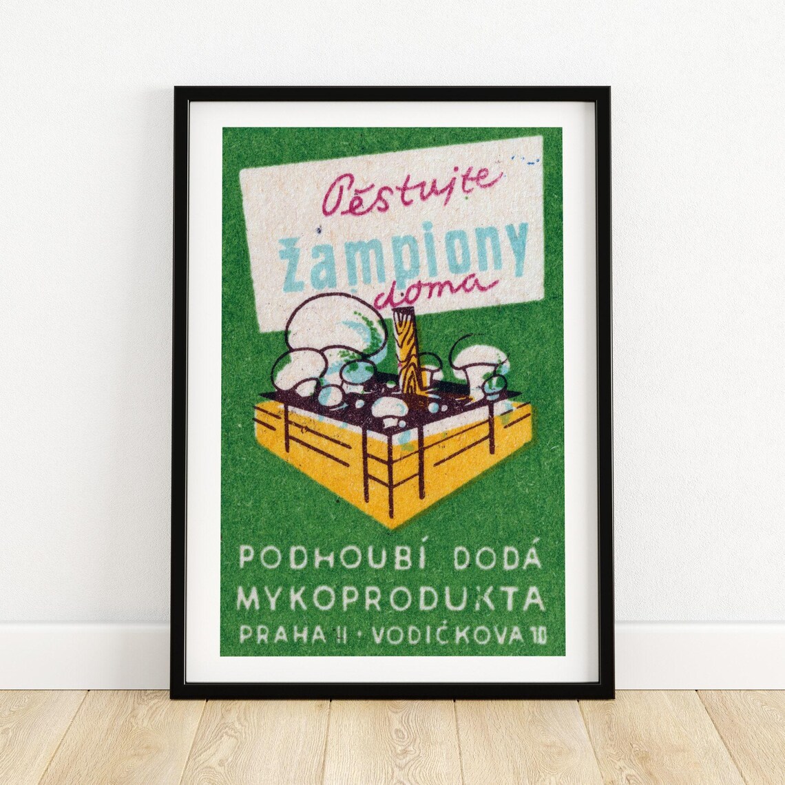 Grow Mushrooms at Home Crate Vintage Czech Matchbox Art Poster