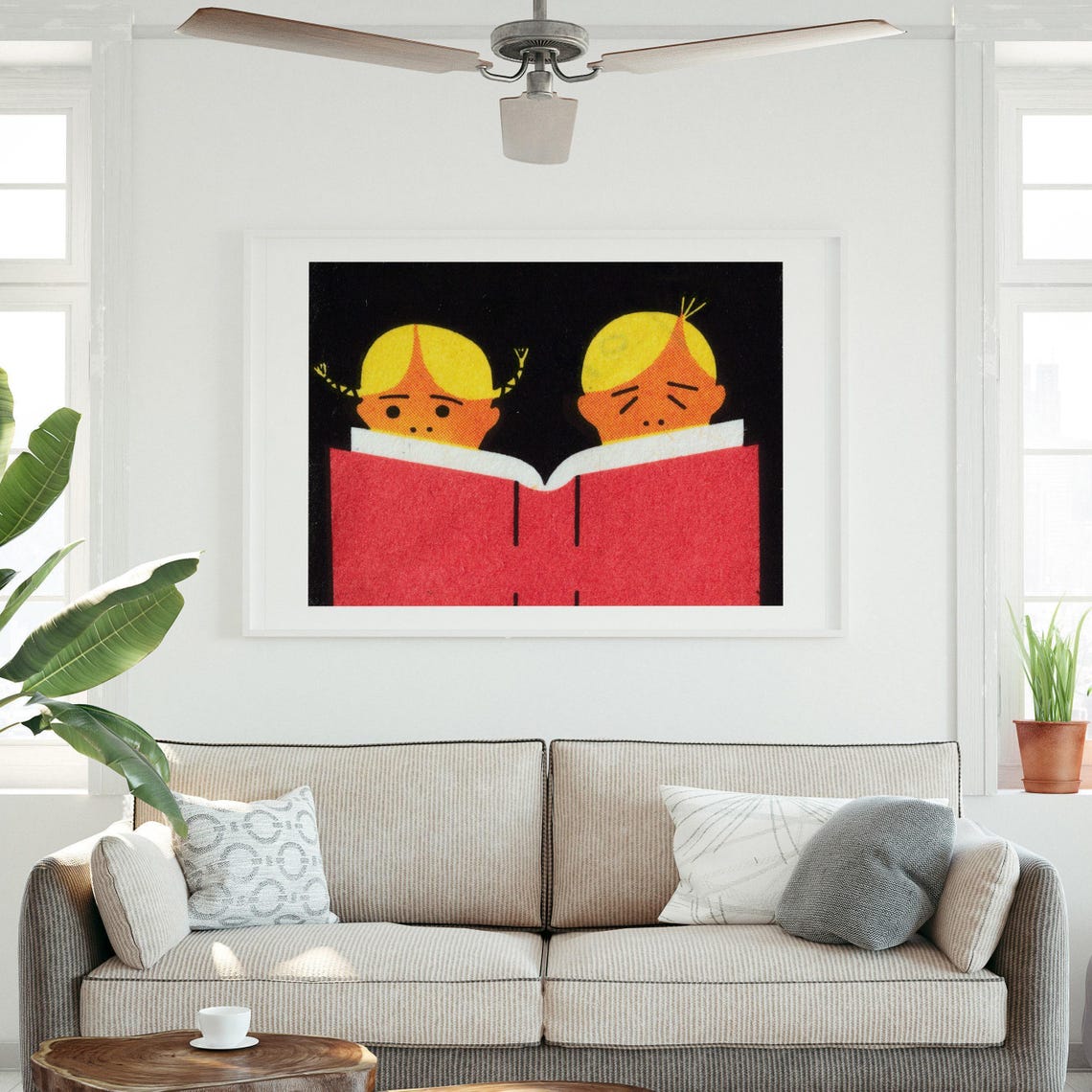 Two Children Reading Big Red Book Vintage Matchbox Art Poster - Image 3