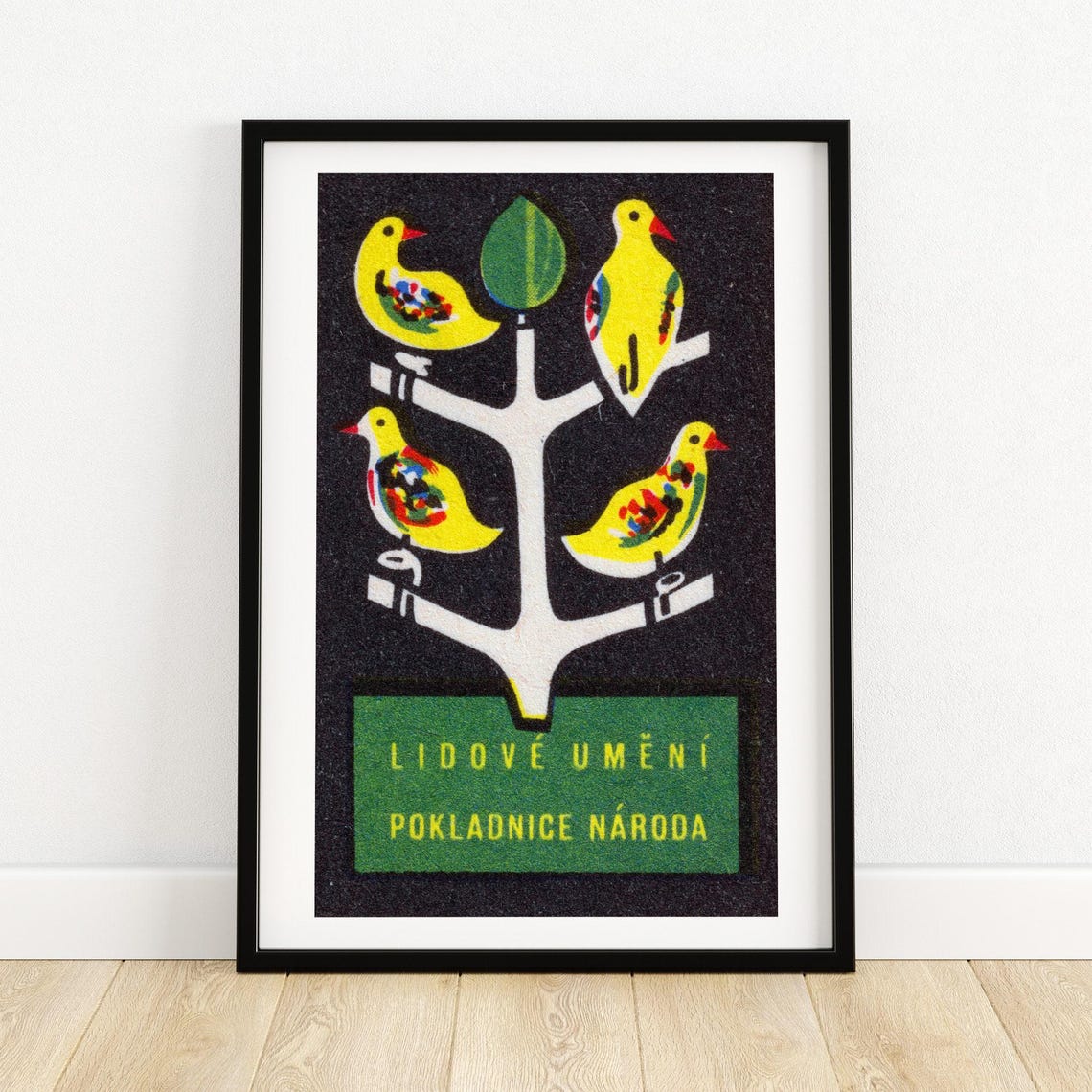 Czech Folk Art Yellow Birds White Tree Black Vintage Matchbox Poster