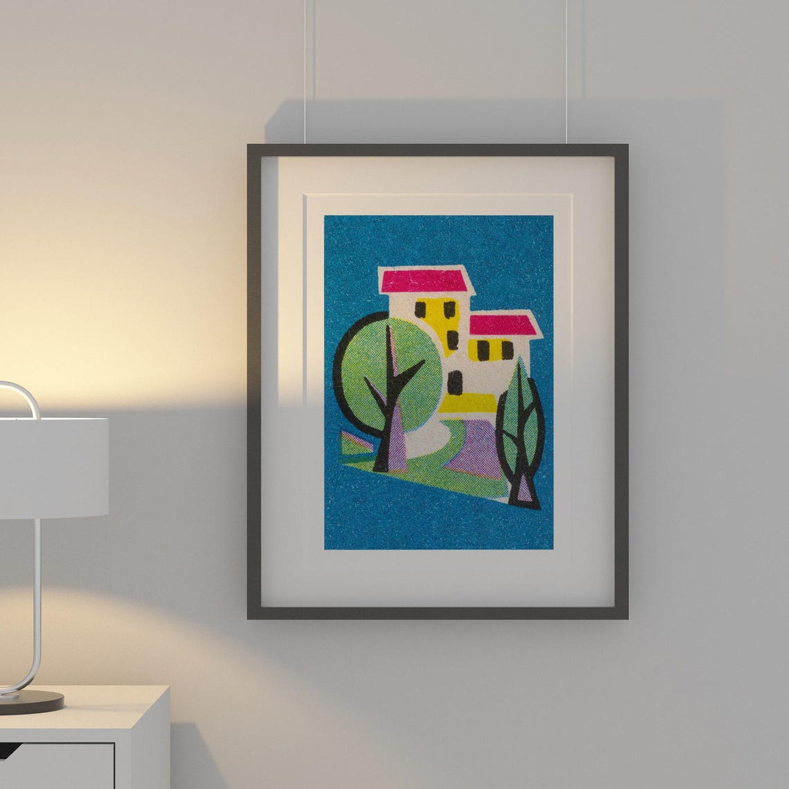 Yellow House Red Roofs Tree Blue Vintage Matchbox Art Poster - Image 2