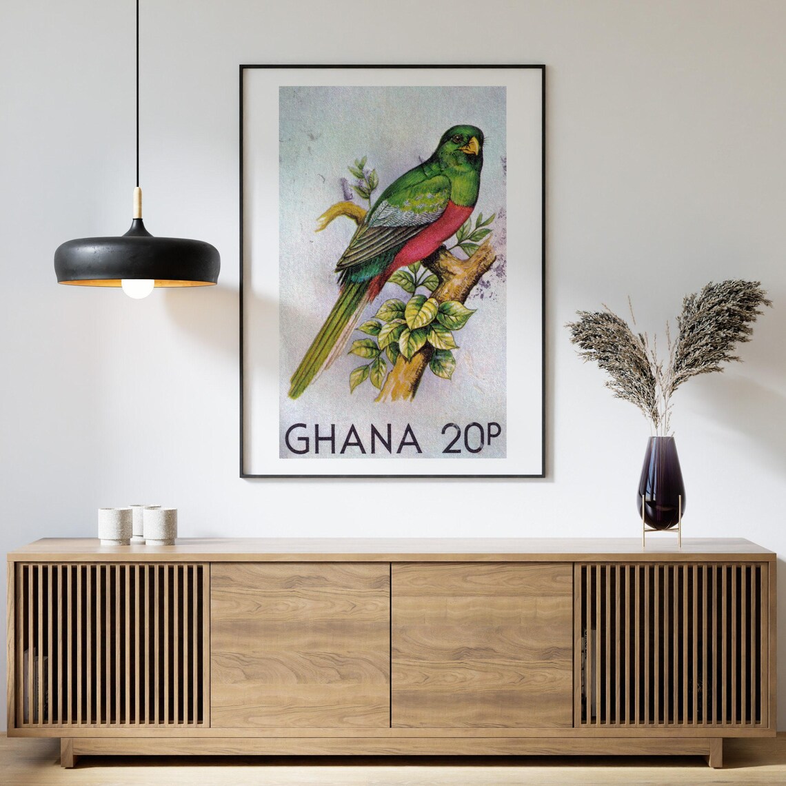 Ghana 20P Green and Crimson Tropical Bird Vintage Stamp Art Poster - Image 4