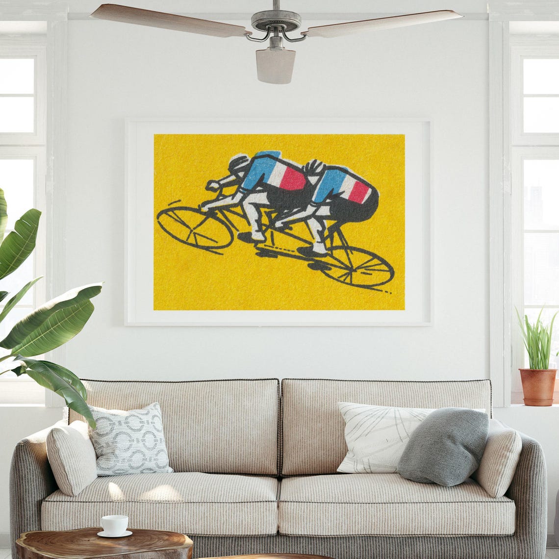 Tandem Cyclists Racing Yellow Vintage Matchbox Art Poster Speed - Image 3