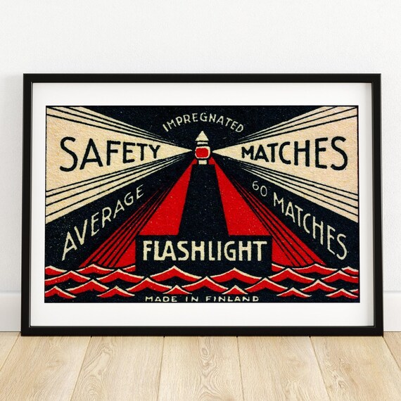 Flashlight Safety Matches Lighthouse Beam Vintage Finland Poster