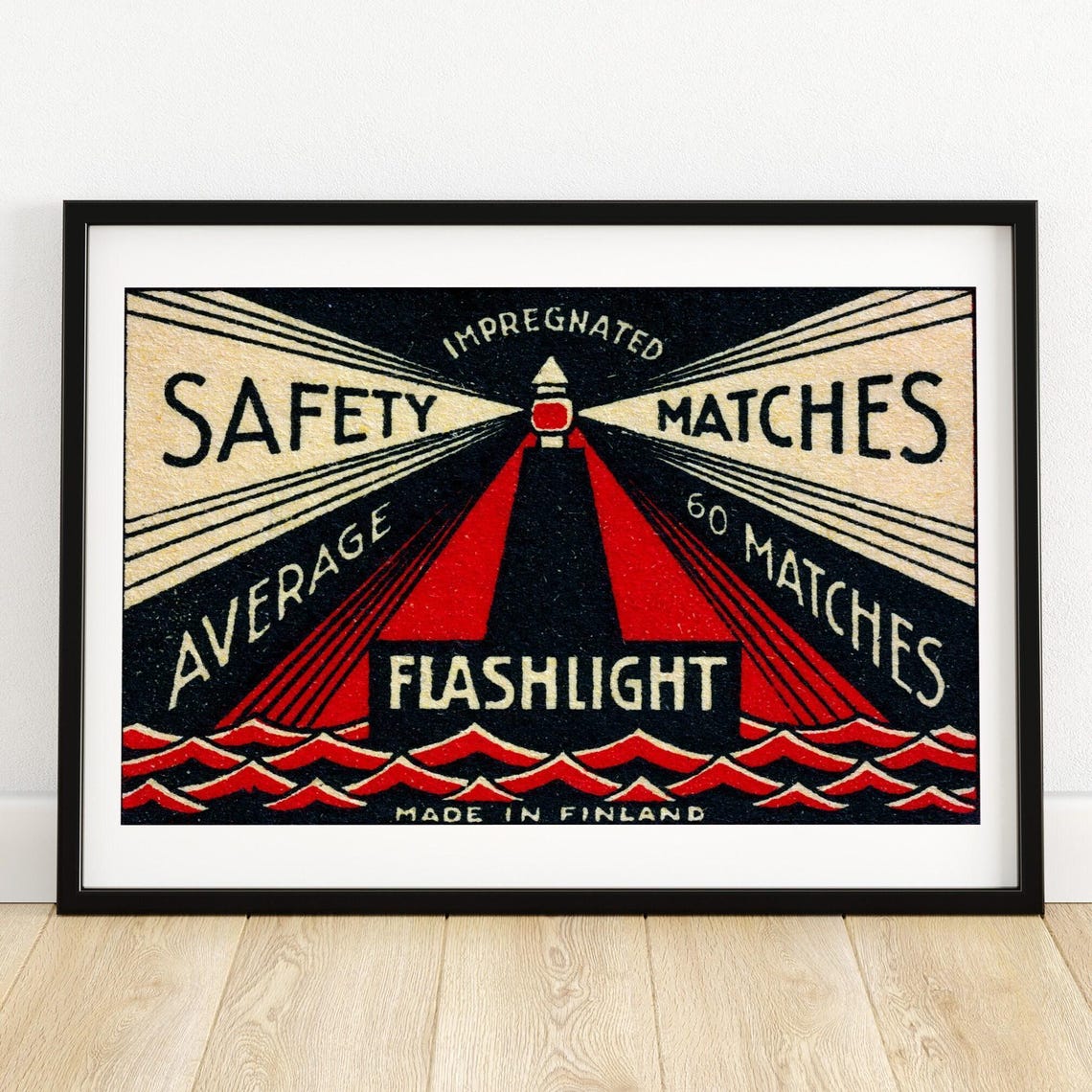 Flashlight Safety Matches Lighthouse Beam Vintage Finland Poster