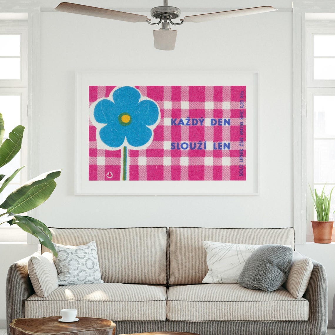 Kazdy Den Slouzi Len Blue Flower Gingham Vintage Czech Label Print - Image 3