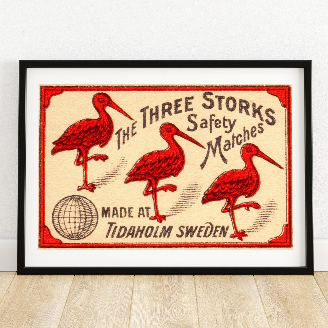 The Three Storks Tidaholm Sweden Vintage Matchbox Label Art Poster