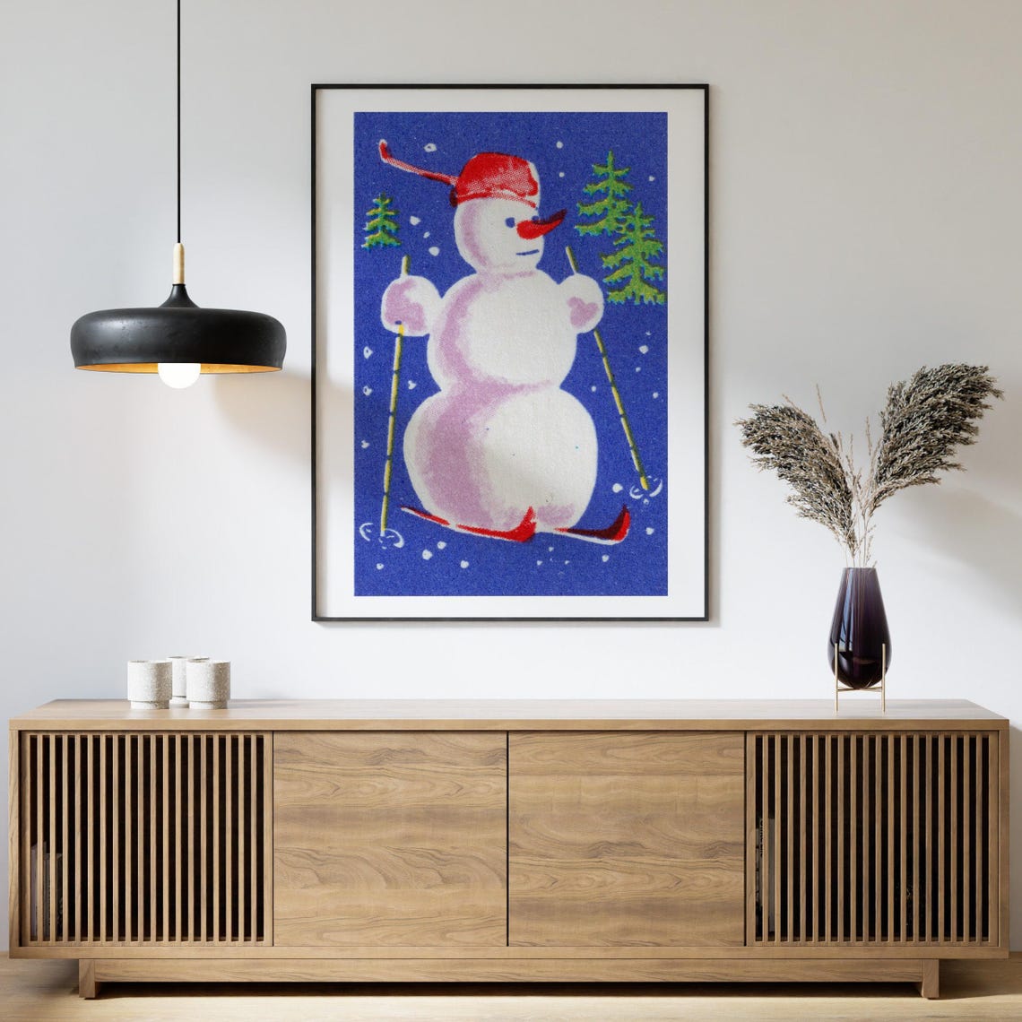 Skiing Snowman Red Cap Winter Night Vintage Christmas Matchbox Poster - Image 4