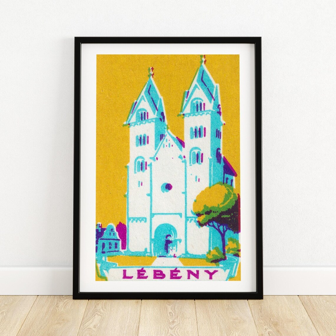 Lebeny Twin Spire Church Yellow Vintage Hungarian Matchbox Poster