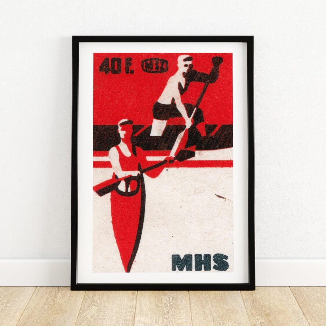 Two Rowers Canoe Racing Red Vintage MSZ Matchbox Label Poster