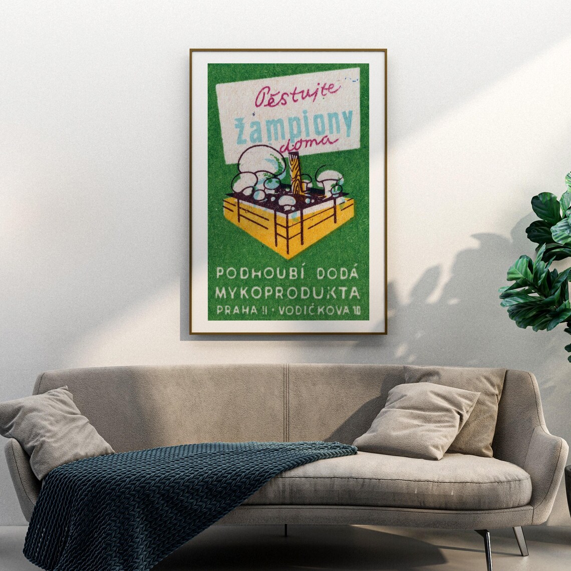 Grow Mushrooms at Home Crate Vintage Czech Matchbox Art Poster - Image 3