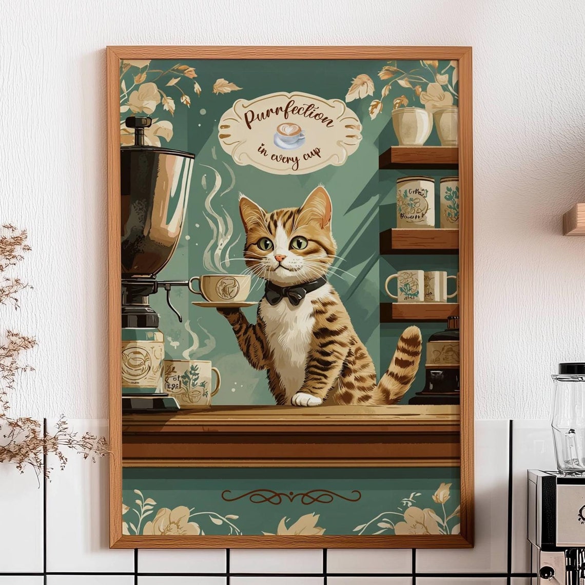Dapper Tabby Cat Barista in a Bow Tie Serving a Steaming Latte Poster
