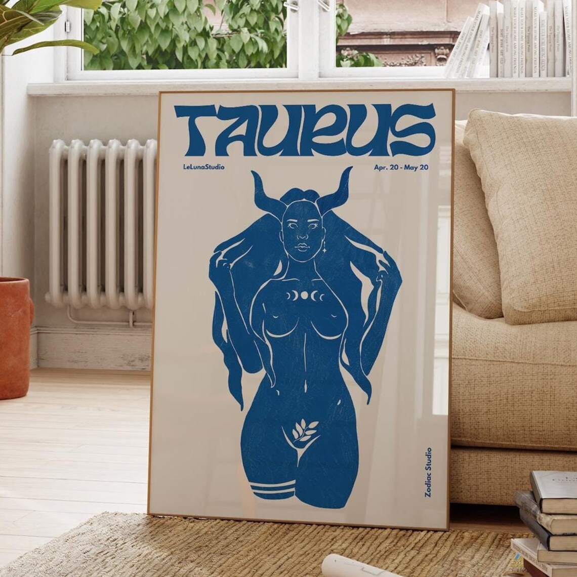 Retro Blue Taurus Zodiac Goddess Apr 20 to May 20 Astrology Poster