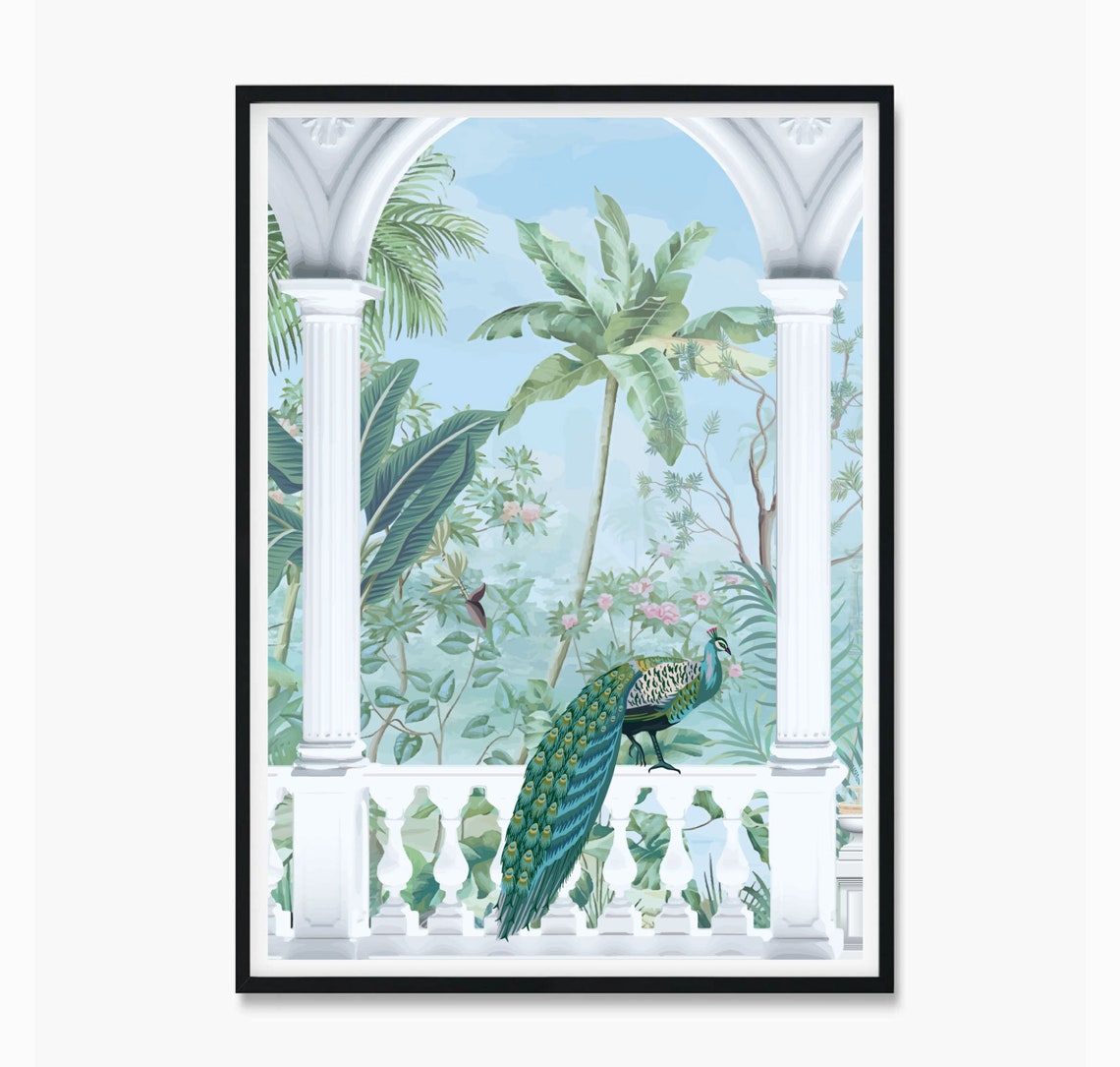 Peacock Mughal Indian Art Indian Folk Art Vintage Indian Art Indian Peacock Prints Indian Wall Art Indian Vintage Palace Palm Tree Art - Image 4
