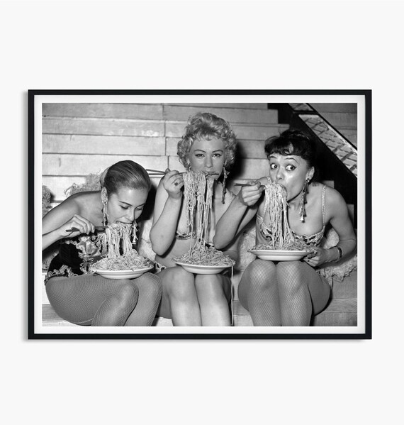 Three Showgirls Eating Spaghetti Plates Vintage Humor Photo Poster