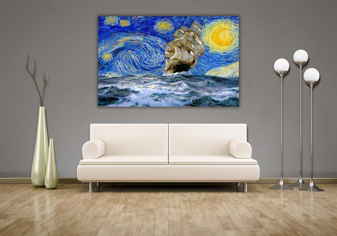 Tall Ship Sailing Under Starry Night Sky Ocean Swirl Art Poster - Image 2