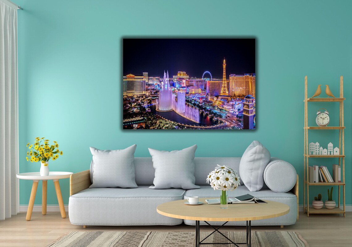 Las Vegas Strip Night Aerial View Bellagio Fountains Cityscape Poster - Image 2