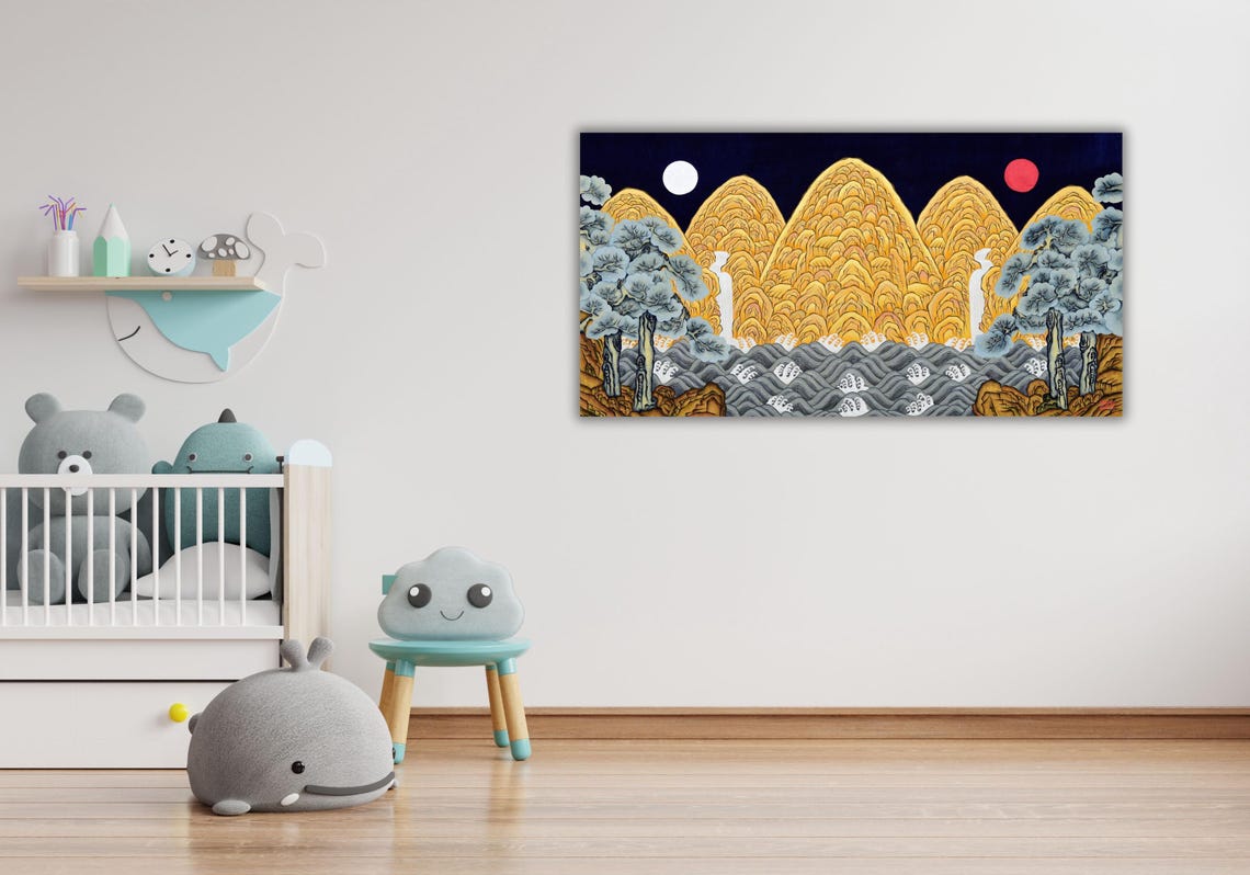 Korean Five Peak Folk Landscape Gold Mountains Moon Sun Waves Poster - Image 3