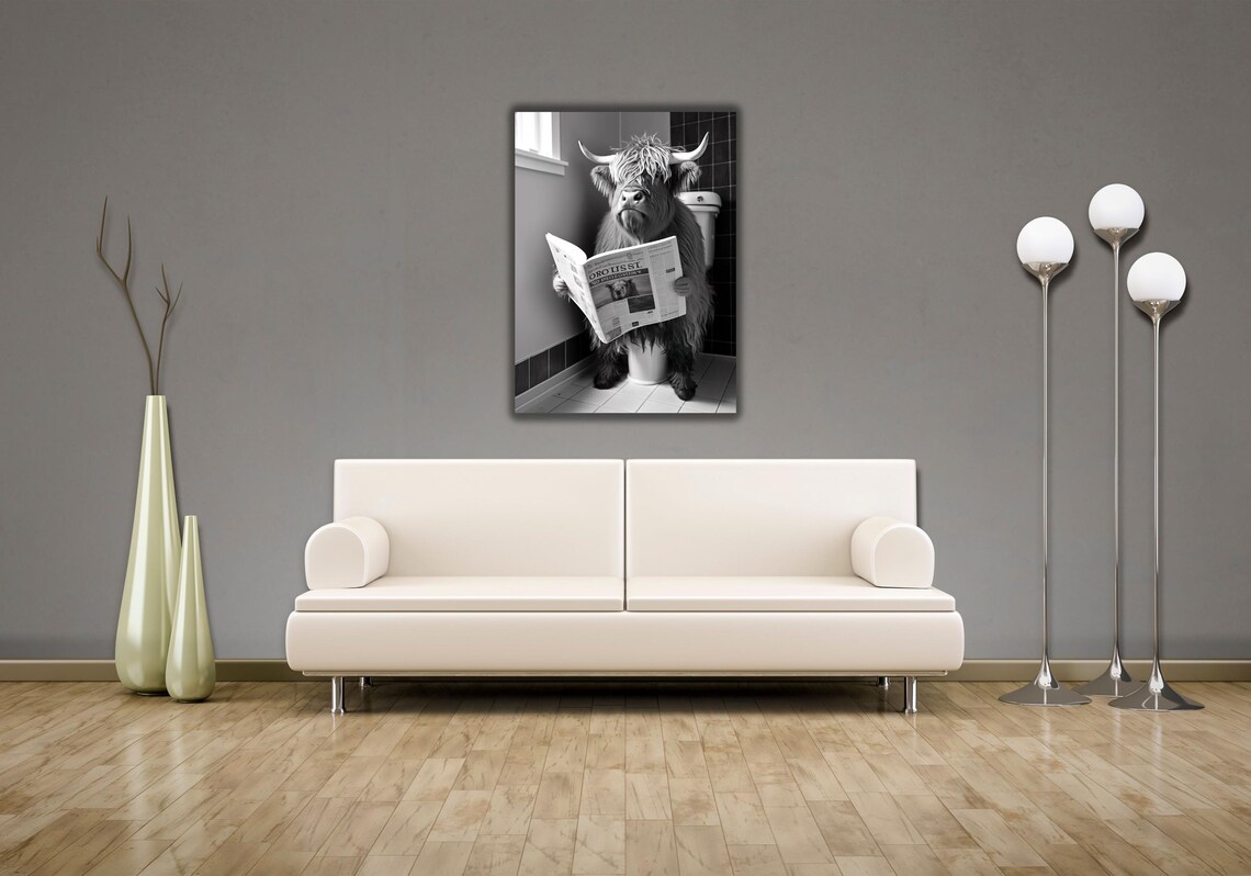 Funny Highland Cow Reading Newspaper on Toilet Black White Poster