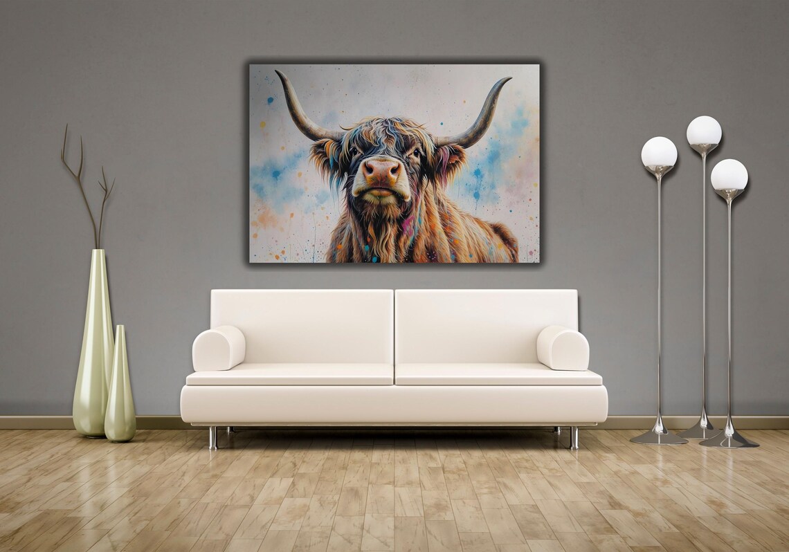 Highland Cow Watercolor Portrait With Colorful Paint Splashes Poster - Image 2